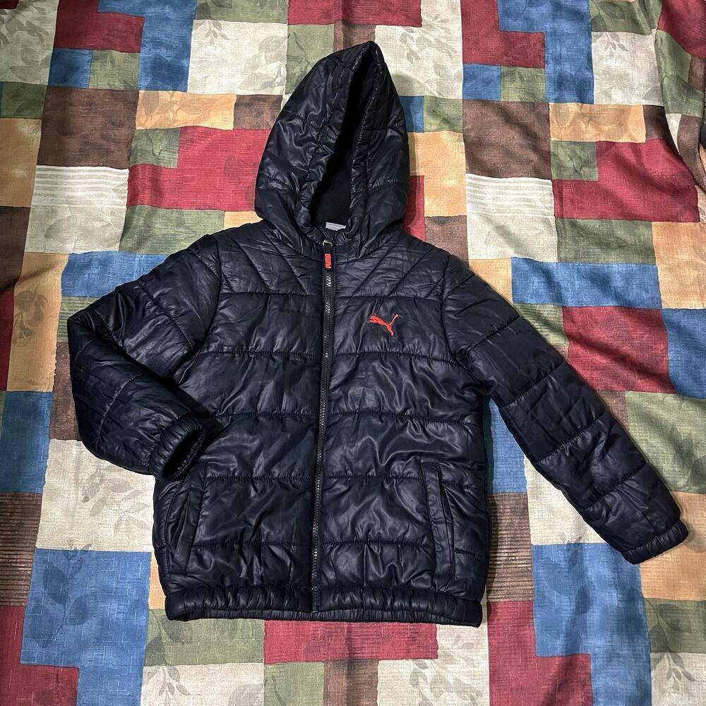 Puma Youth Boys Winter Hooded Puffy Jacket Size 7 Black Zip Pockets
